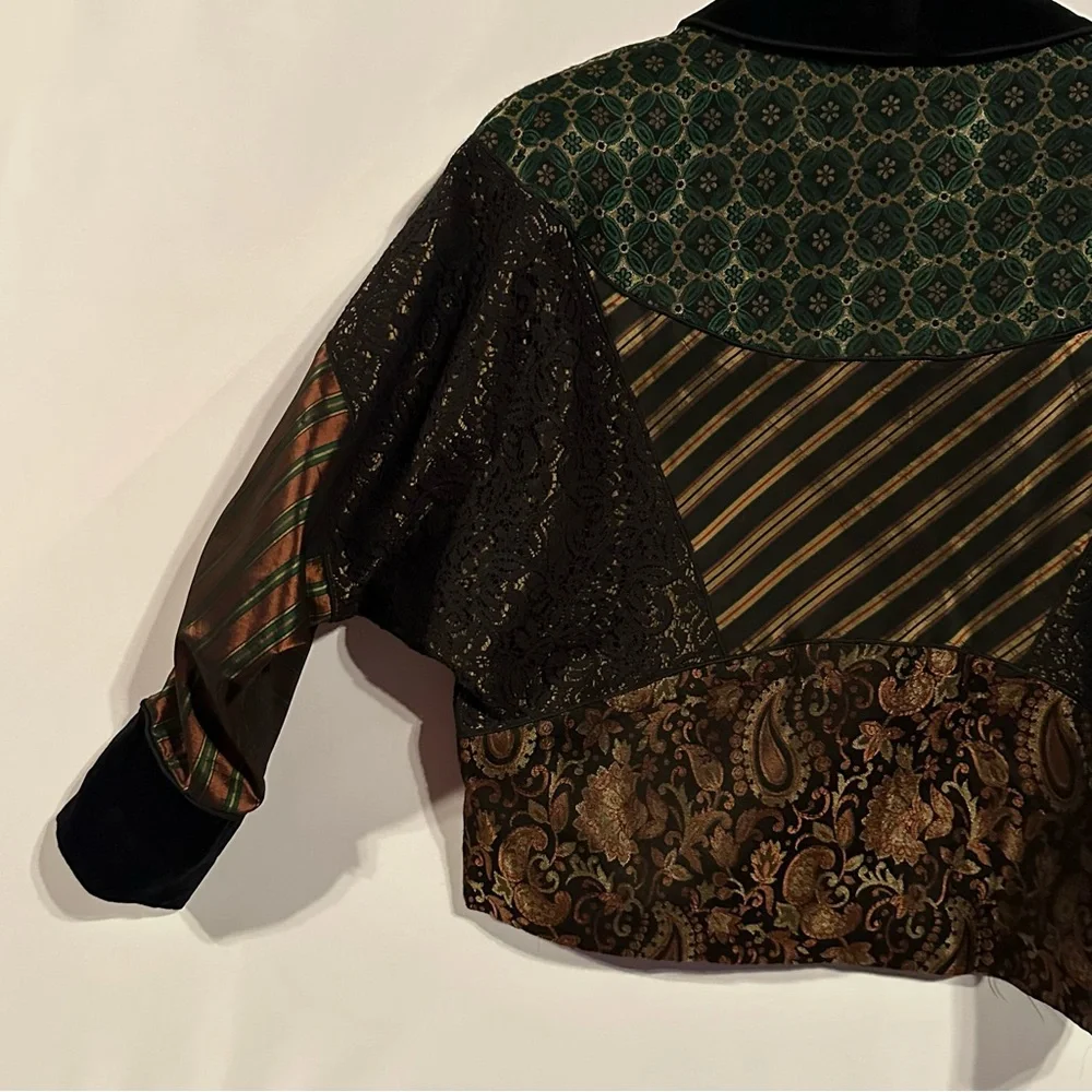 VTG Susan Bristol Patchwork Blazer Jacket Size S Mixed Media Velvet Lace Brocade